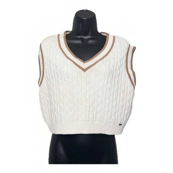 Hollister XL Ivory Brown Crop Boxy Sweater Vest Cable Knit V Neck Preppy School - Picture 1 of 5